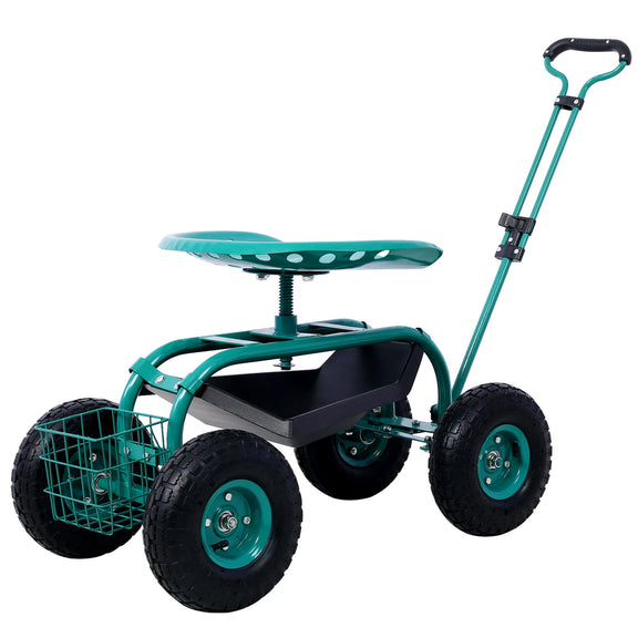Green garden scooter cart with 360 swivel seat, black tool tray, and front wheel basket