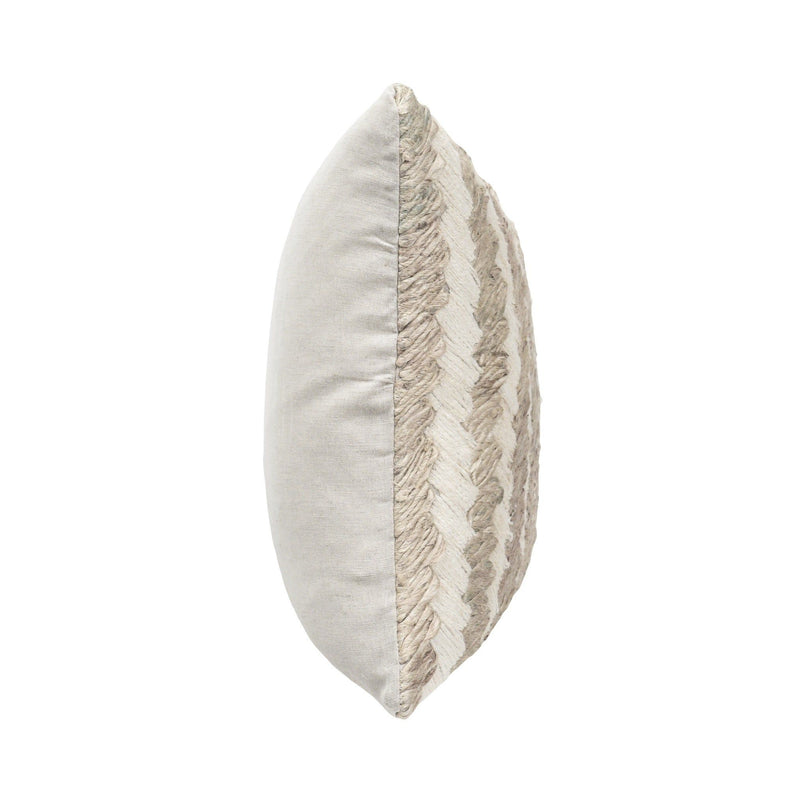 Ivory woven pillow side view with textured braided trim