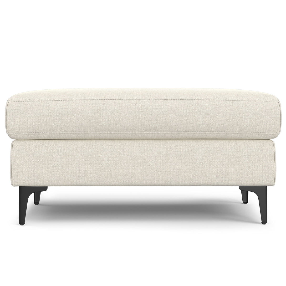 Cream upholstered ottoman with a cushioned top and black legs, shown from the front.