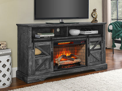 60 Inch Electric Fireplace Entertainment Center With Door Sensor-Dark Rustic Oak, Farmhouse