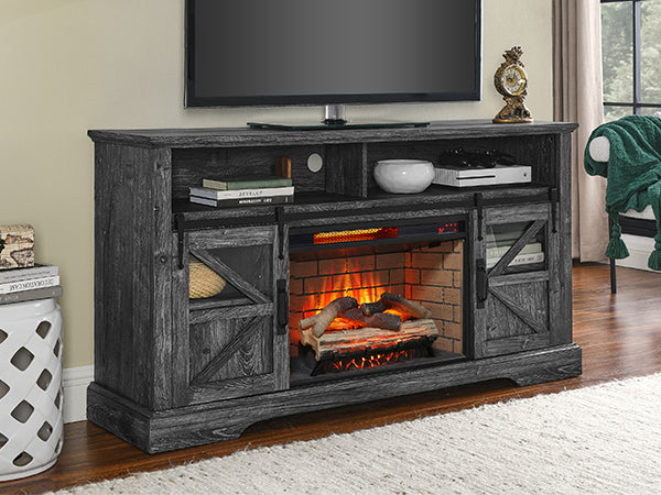 60 Inch Electric Fireplace Entertainment Center With Door Sensor-Dark Rustic Oak, Farmhouse