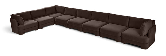 Velvet L-shaped sectional sofa in dark brown, 8-piece modular seating with armrests