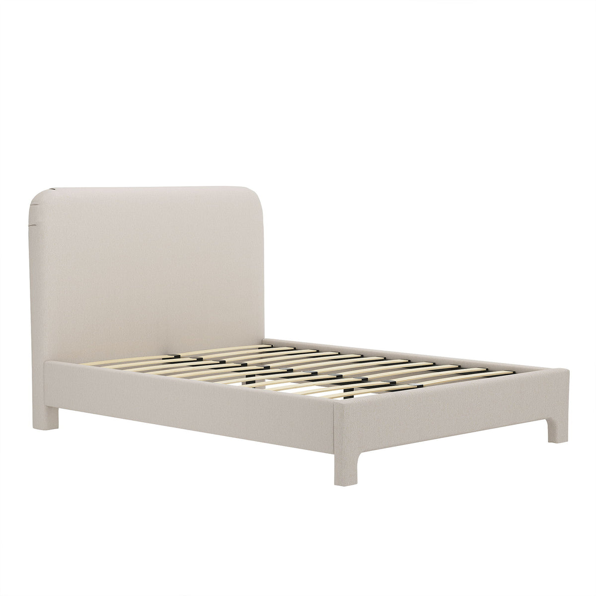 Light beige upholstered bed frame with rounded headboard and slat support platform