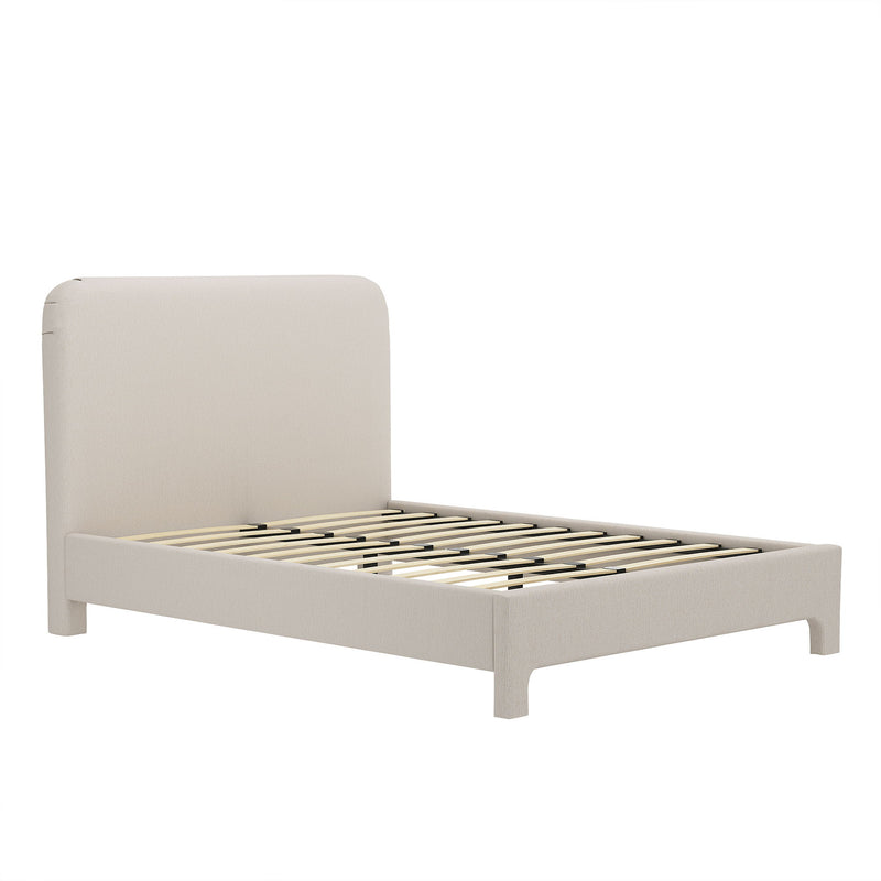Light beige upholstered bed frame with rounded headboard and slat support platform