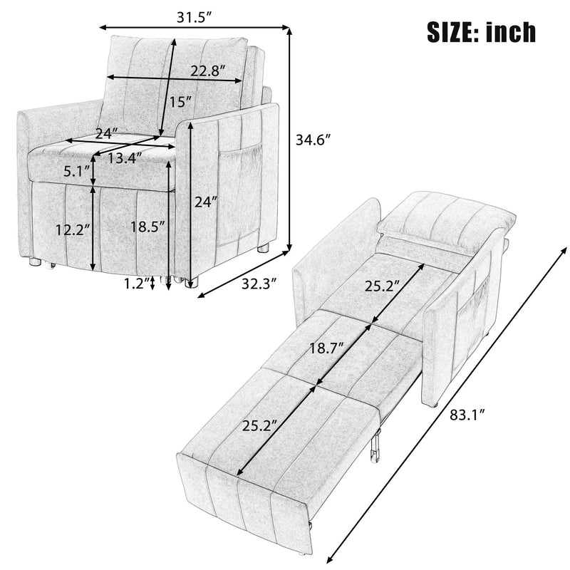 Upholstered Convertible Sleeper Sofa With 5 Position Backrest, Side Pockets, Storage