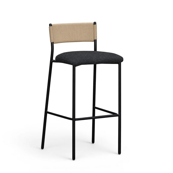 Boucle upholstered bar stool, beige back, dark gray seat, black legs and footrest