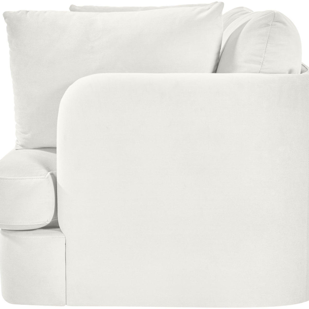 White velvet upholstered loveseat with rounded arms and two back cushions