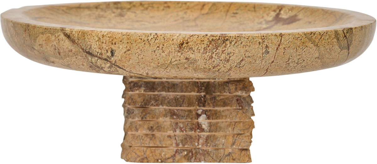 Genuine marble bowl with round shallow rim and stacked pedestal, warm beige stone.
