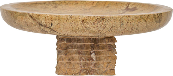 Genuine marble bowl with round shallow rim and stacked pedestal, warm beige stone.