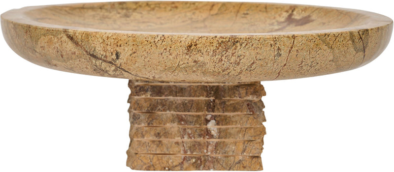 Genuine marble bowl with round shallow rim and stacked pedestal, warm beige stone.