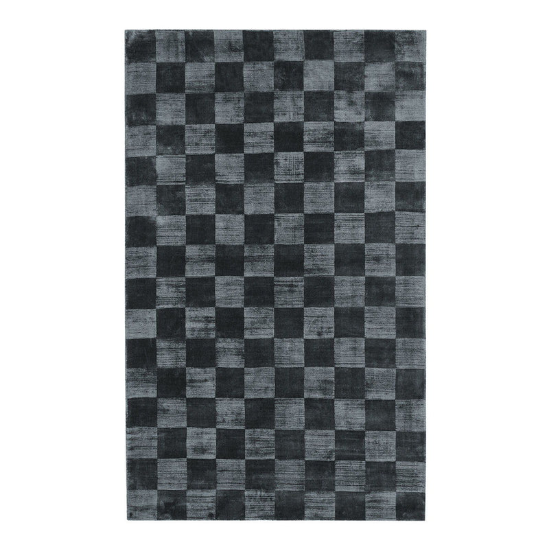 Black and gray checker rug with repeating square blocks and slightly raised texture