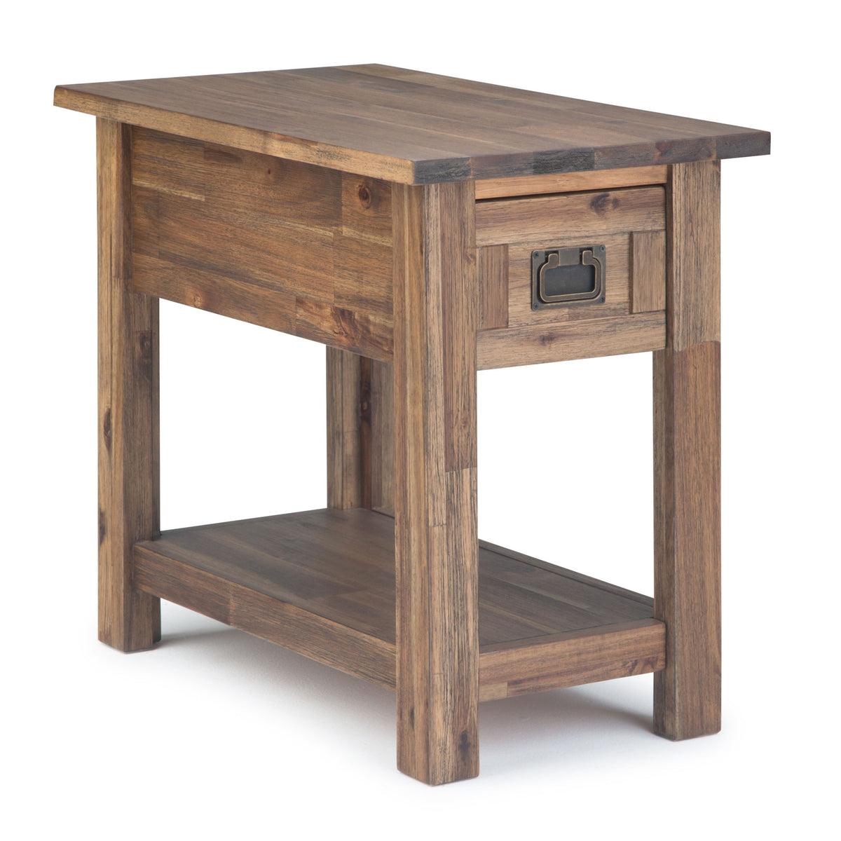 Monroe handcrafted side table with single drawer and open lower shelf, dark brown wood