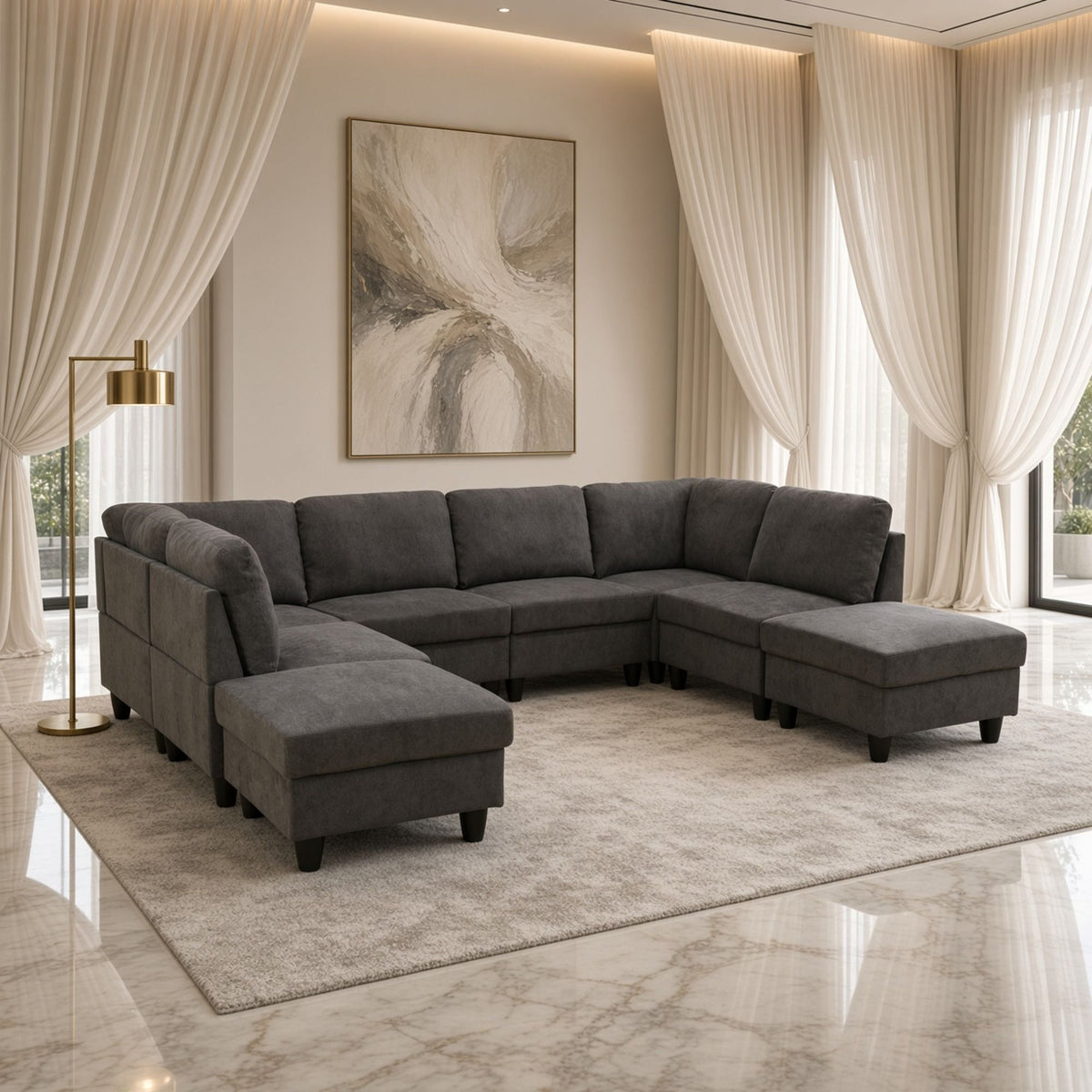 Dark gray U-shape modular sectional sofa with chaise ottoman ends and padded back
