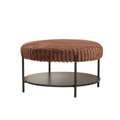Upholstered Round Ottoman Coffee Table Foot Rest with Black Metal Legs, Brown Faux Fur, 30.9'
