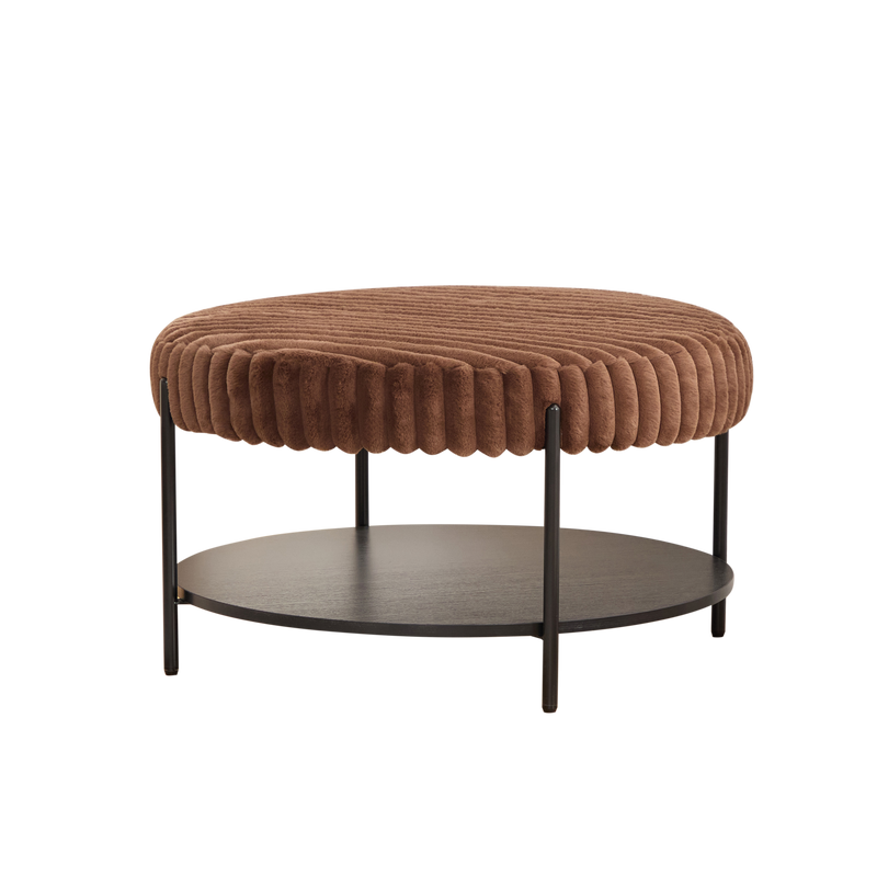 Upholstered Round Ottoman Coffee Table Foot Rest with Black Metal Legs, Brown Faux Fur, 30.9'
