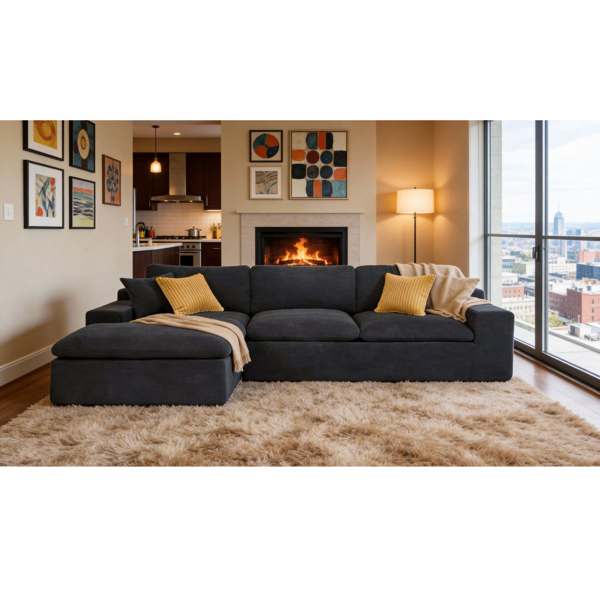 Black U-shaped sectional sofa with chaise, yellow pillows, and beige throw blanket