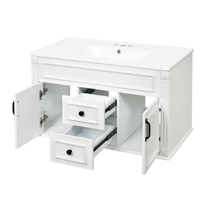 White wall-mounted bathroom vanity with white sink, open doors and two pull-out drawers