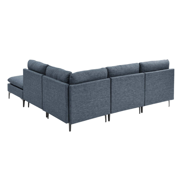 Dark blue upholstered modular sectional with tall legs and chaise corner, medium-firm seat