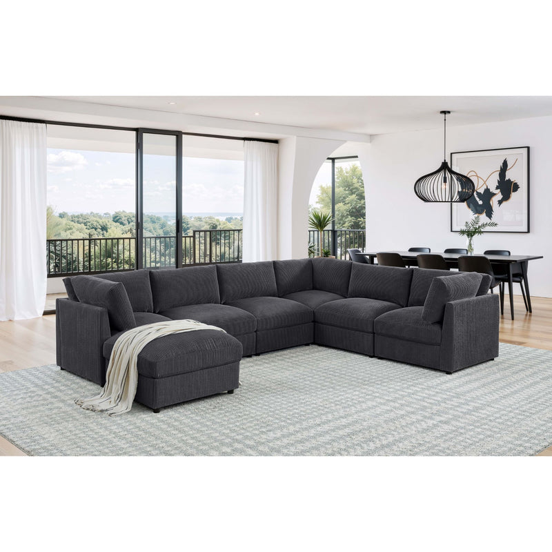 Dark gray modular sectional sofa with ottoman, modern sectional seating arrangement