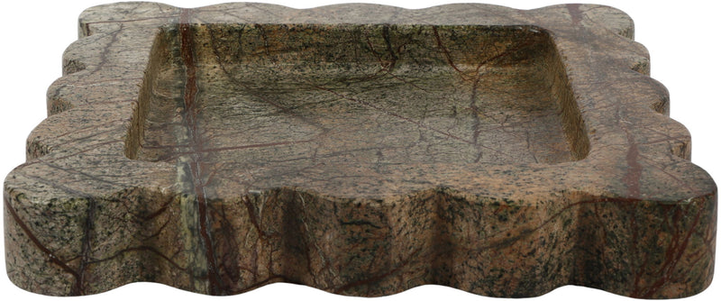 Greenish-brown genuine marble tray with scalloped rim and textured marbling
