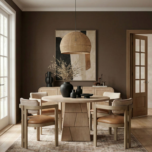 Light brown round dining table with stacked block pedestal and dining chairs in room
