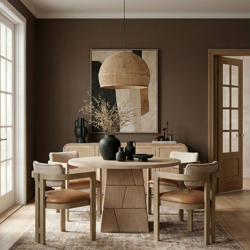 Light brown round dining table with stacked block pedestal and dining chairs in room