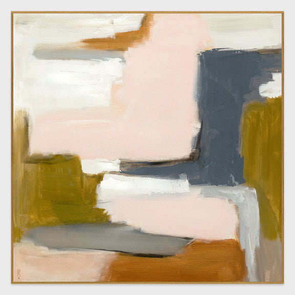 Square abstract wall art painting with pink, dark gray, yellow and tan blocks; gold frame