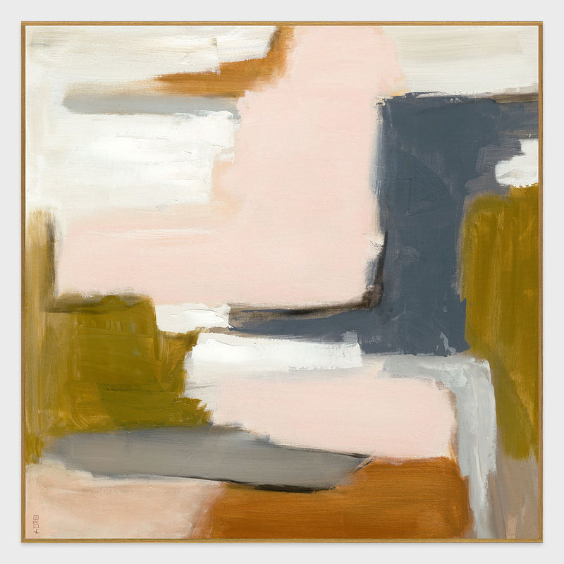 Square abstract wall art painting with pink, dark gray, yellow and tan blocks; gold frame