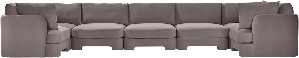 Medium gray U-shaped sectional sofa with padded arms and linked seat sections