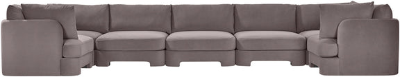 Medium gray U-shaped sectional sofa with padded arms and linked seat sections