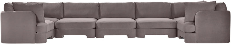 Medium gray U-shaped sectional sofa with padded arms and linked seat sections
