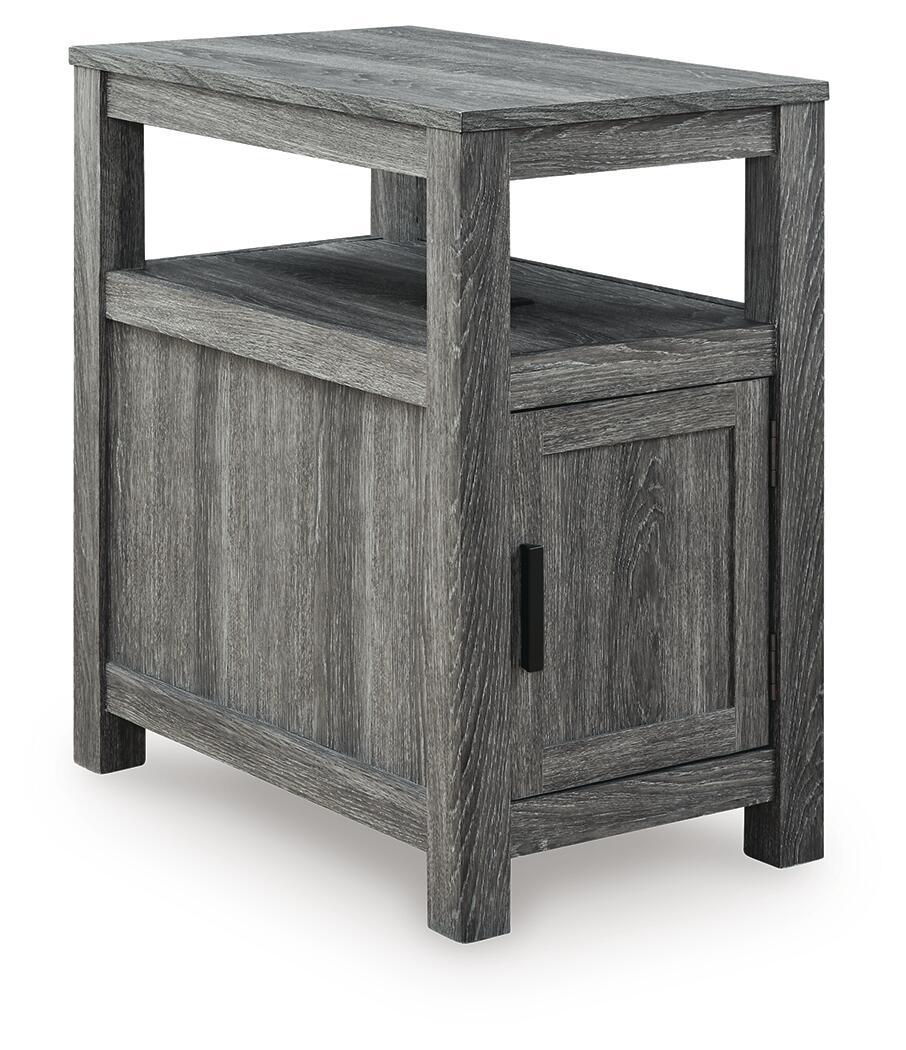 Chair side end table in dark gray wood with open shelf and cabinet door