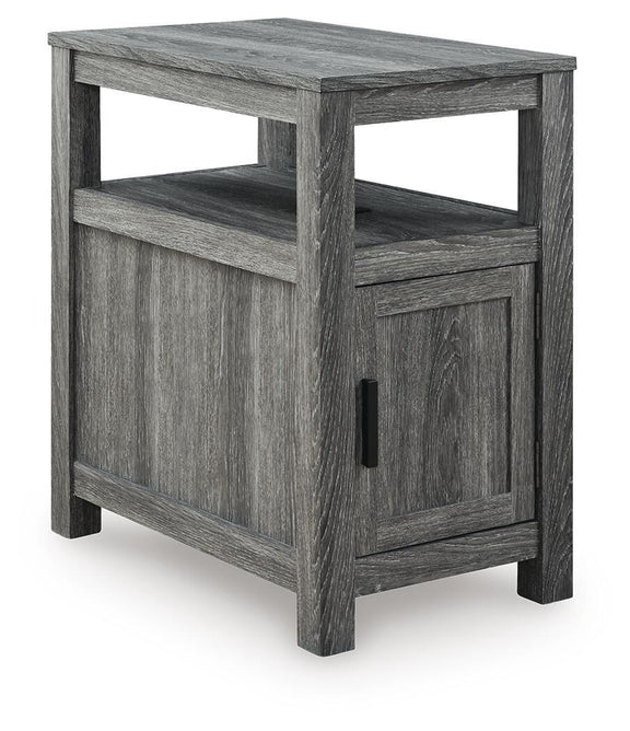 Chair side end table in dark gray wood with open shelf and cabinet door
