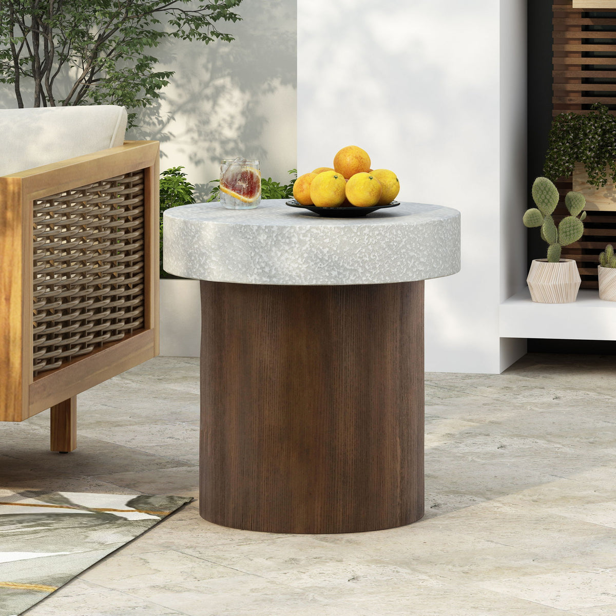 Mgo Cylindrical Side Table With Faux Stone Top And Wood Faux Base - Antique White / Natural