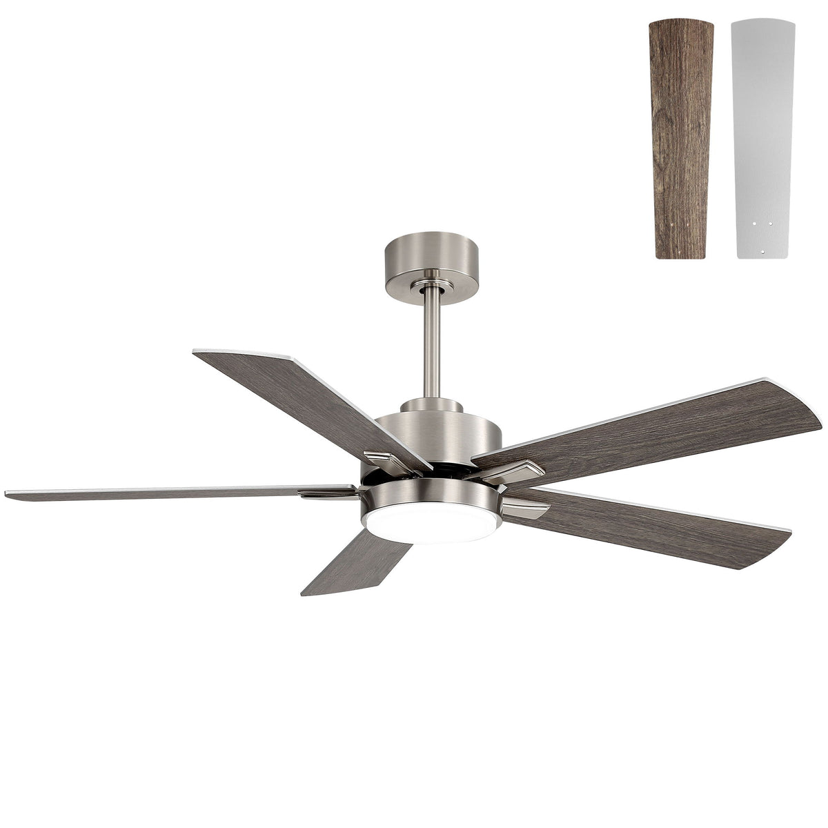 Brushed metal ceiling fan with dark reversible blades and integrated LED light; blade panels