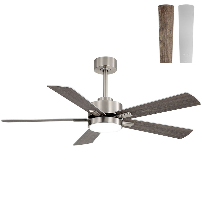 Brushed metal ceiling fan with dark reversible blades and integrated LED light; blade panels