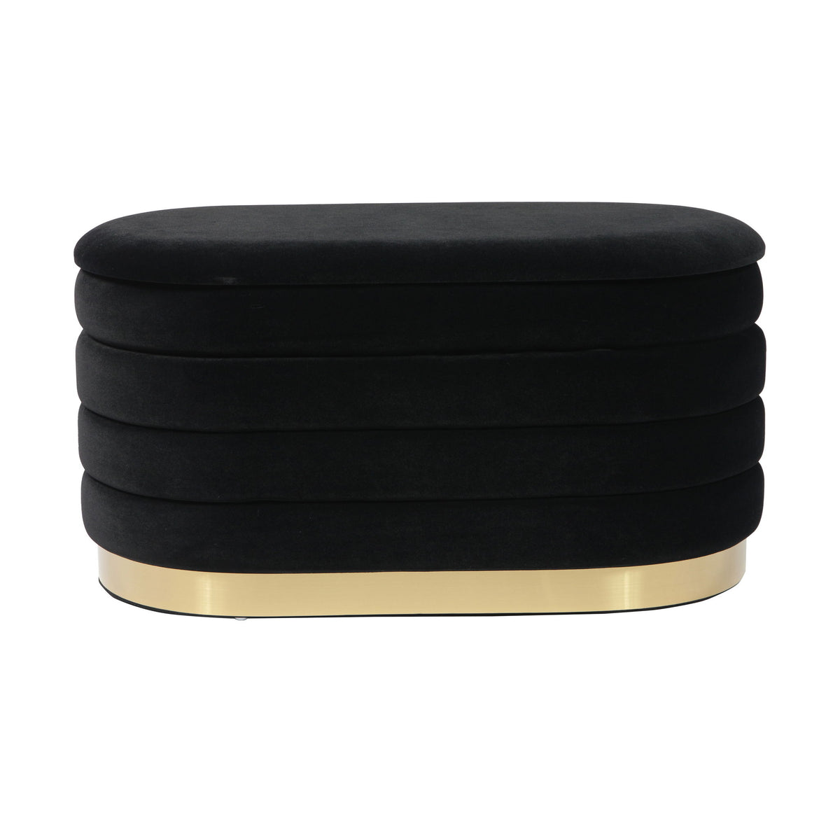 Black velvet storage bench with stacked cushion design and gold base
