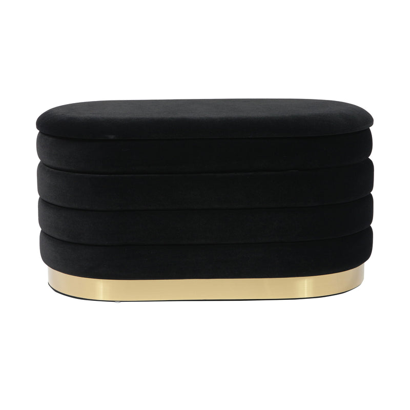 Black velvet storage bench with stacked cushion design and gold base