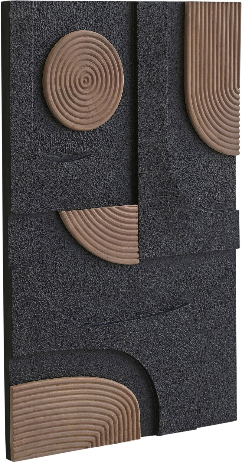 Wood wall art panel in dark finish with raised spiral circle and curved concentric inlays