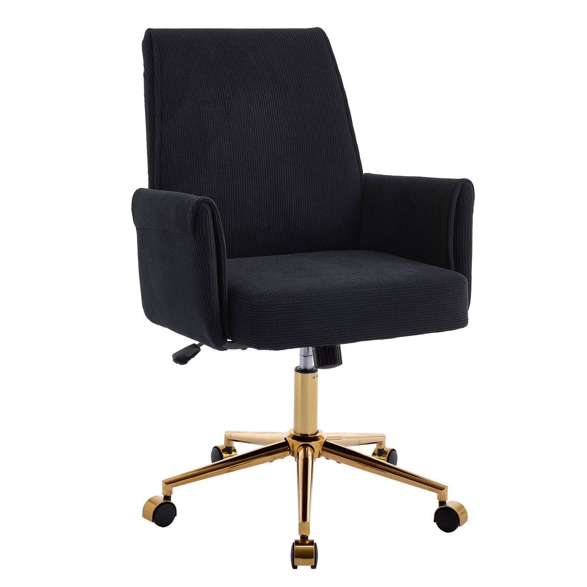 Black mid-back office chair with padded armrests and gold star base