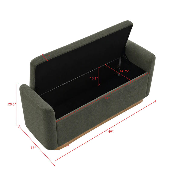 Upholstered storage bench with safety hinge, dark green fabric and open lid