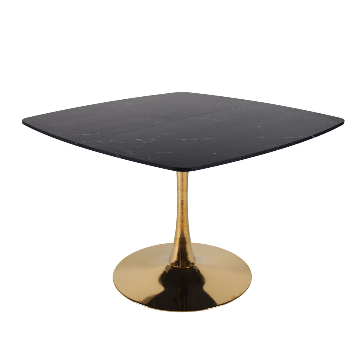 Black square-top dining table with gold pedestal base