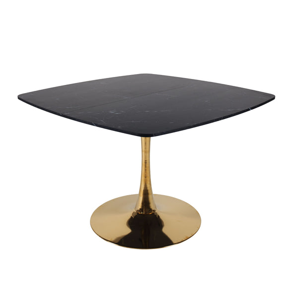 Black square-top dining table with gold pedestal base