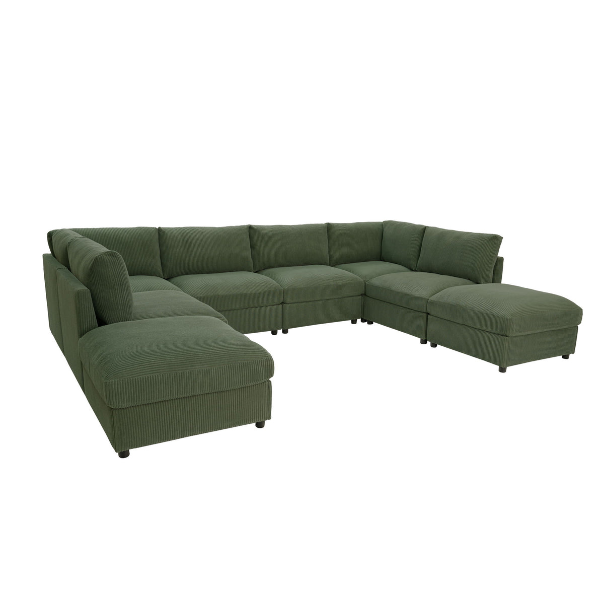 Green sectional sofa with ottoman chaise corners and padded back cushions
