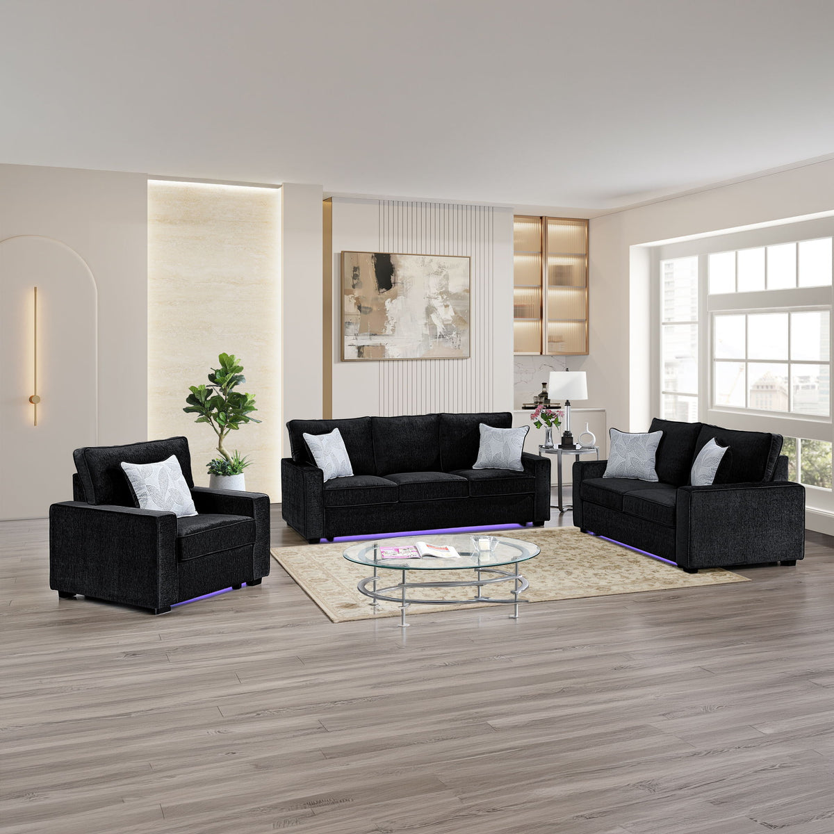 Dark gray living room seating set with sofa, loveseat, and armchair; LED base light