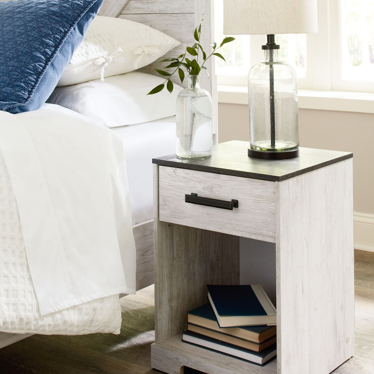 Shawburn - One Drawer Night Stand - Open Cubby - White / Black / Gray