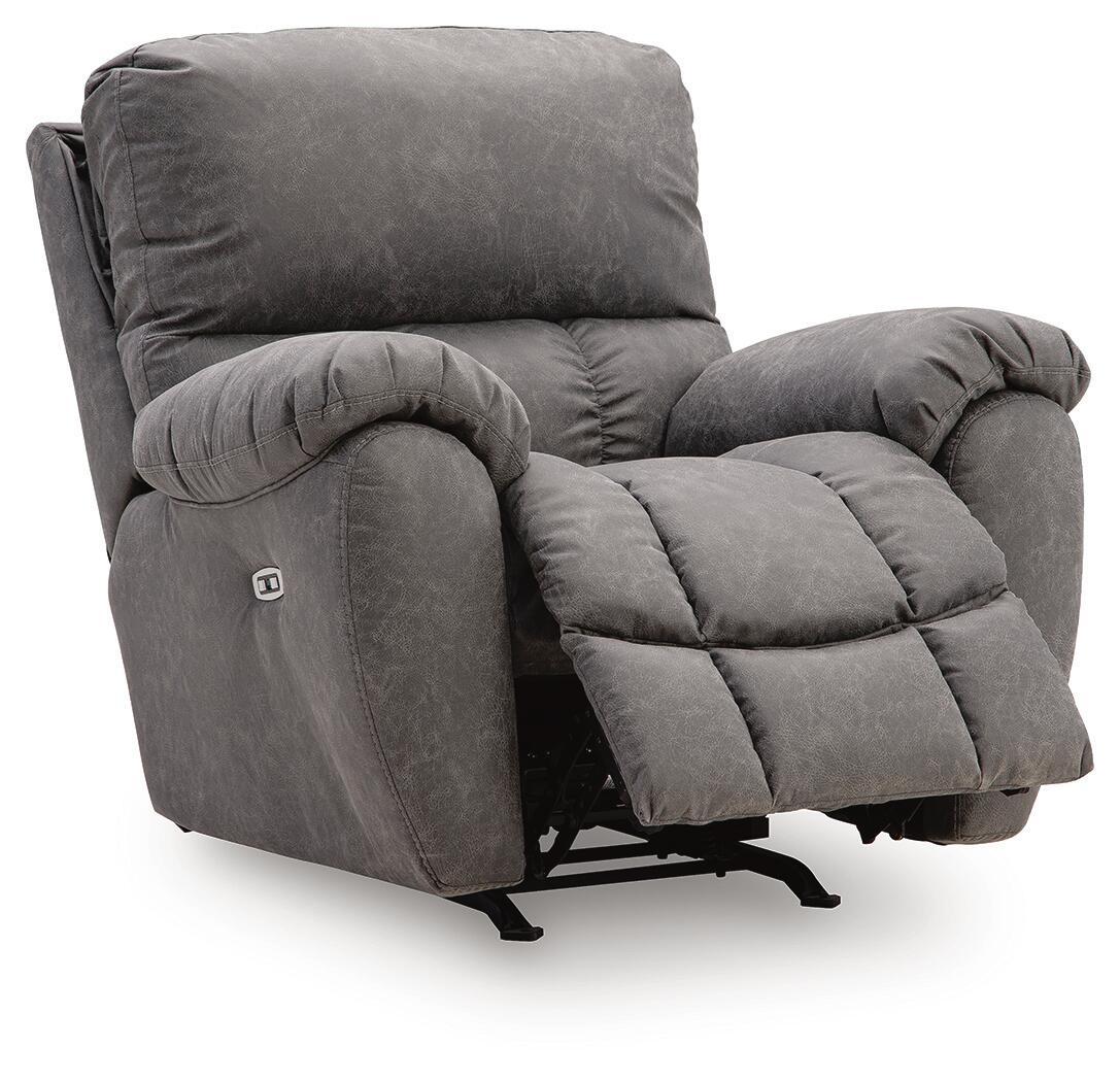 Power rocker recliner with adjustable headrest, dark gray fabric, extended footrest, cushioned seat