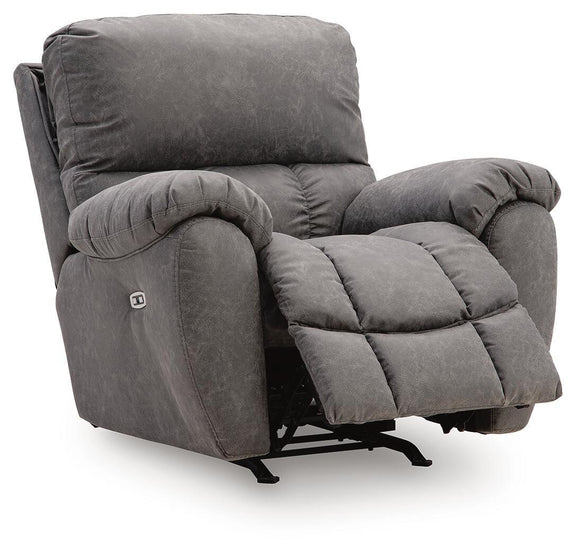 Power rocker recliner with adjustable headrest, dark gray fabric, extended footrest, cushioned seat
