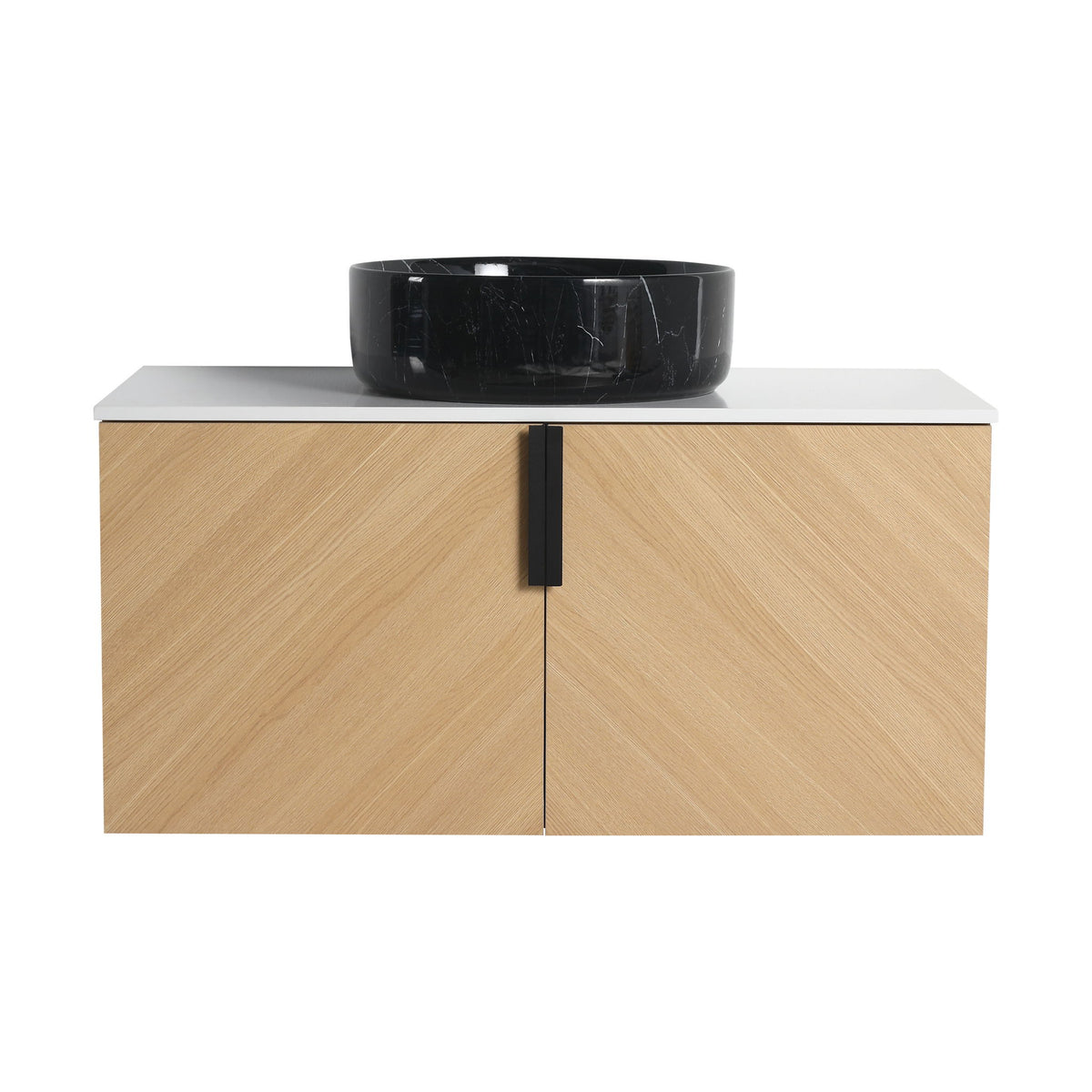 Wall-mounted bathroom vanity with light wood cabinet, white top, and black art sink