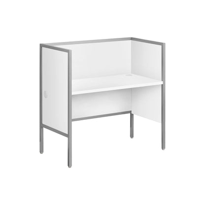 White office cubicle desk with corner work surface, side panel, and open storage shelf